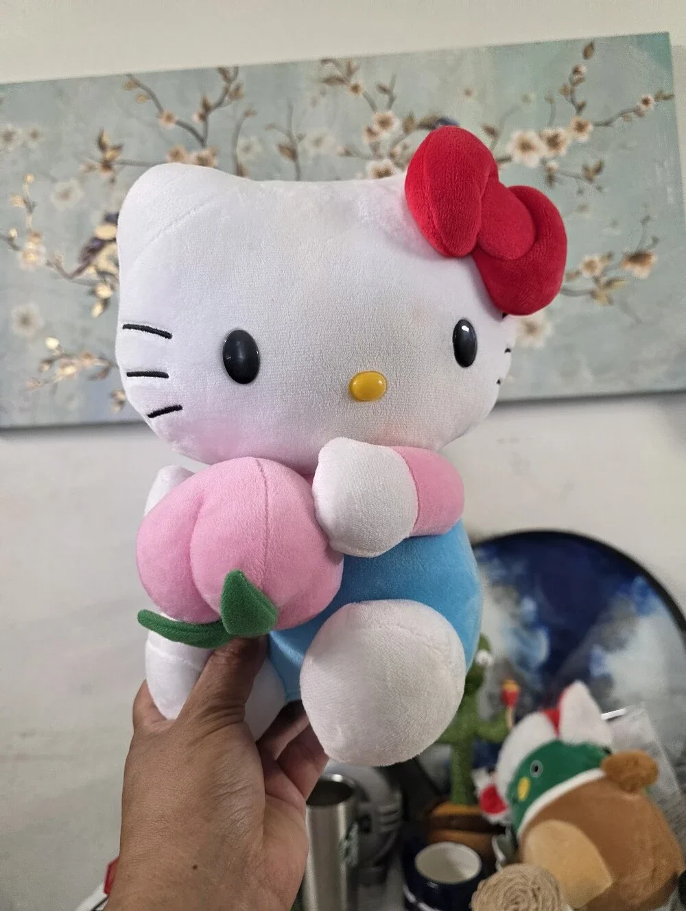 Hello Kitty White Plush with Red Bow, Pink Flower & Blue Outfit